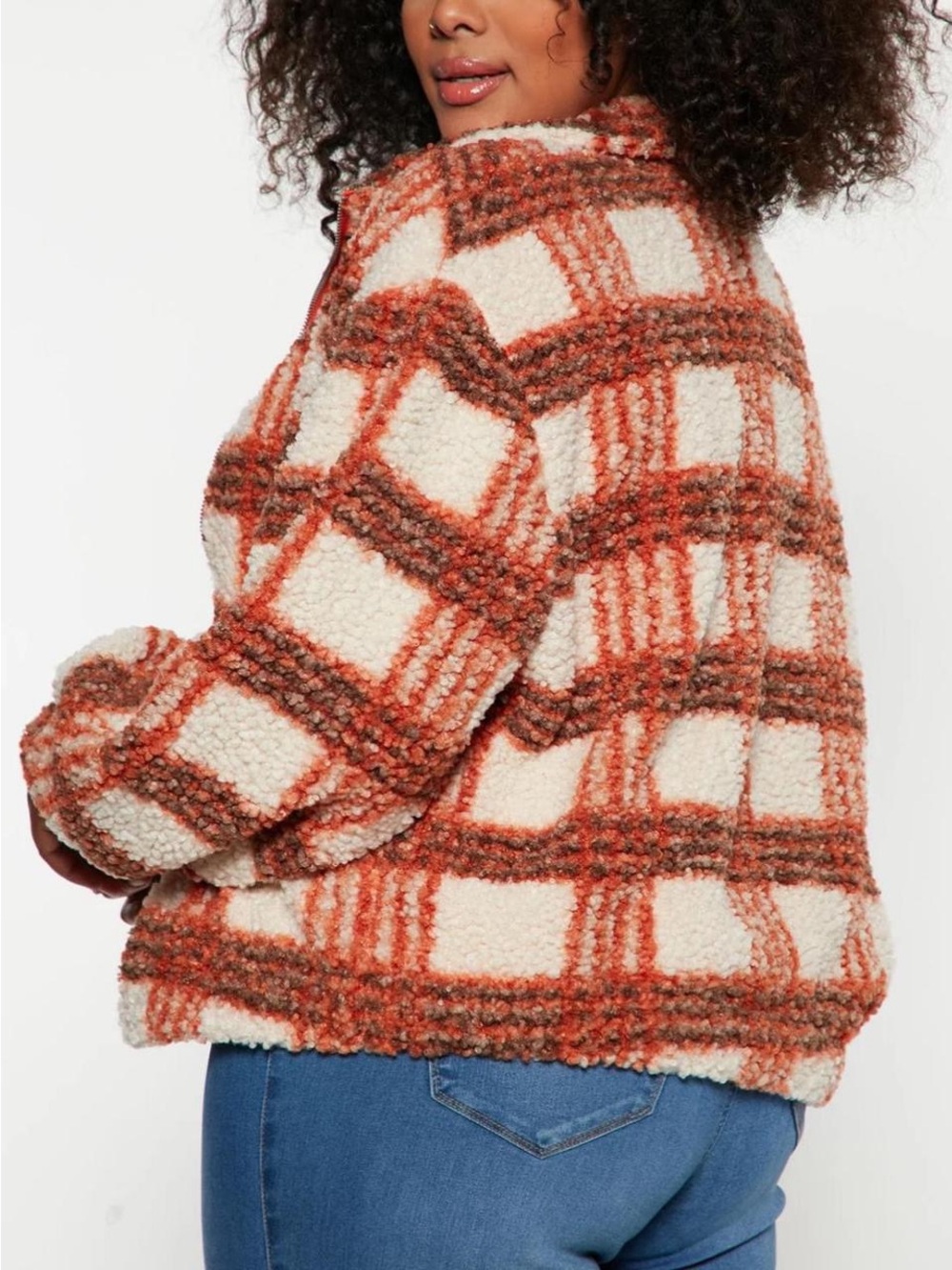 Cozy Orange, Cream & Rust Plaid Sherpa Jacket - XL